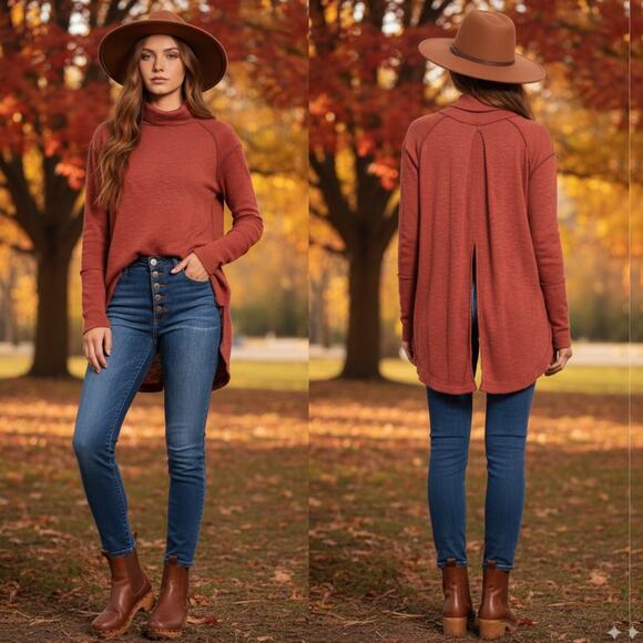 Free People We The Free Split Back Red Long Sleeve Knit Turtleneck Top Sm Rustic - Picture 1 of 10
